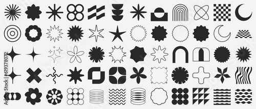 Brutalist Shapes, Cool Geometric Forms. Bauhaus Minimalist Graphic Design Elements. Trendy Y2K Vector Signs. Simple Star and Flower Basic Shapes. #619378072