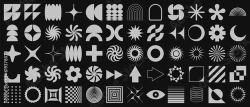 Brutalist Shapes, Cool Geometric Forms. Bauhaus Minimalist Graphic Design Elements. Trendy Y2K Vector Signs. Simple Star and Flower Basic Shapes.