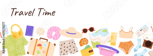 Doodle travel seamless pattern with luggage items. Beach vacation accessories, touristic suitcase, clothes and tickets. Racy vector banner template