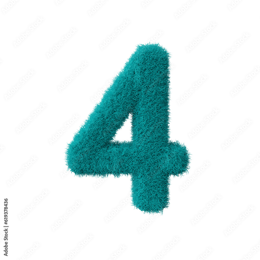 Blue 3D Fluffy Number Four. 3d render illustration isolated on transparent background