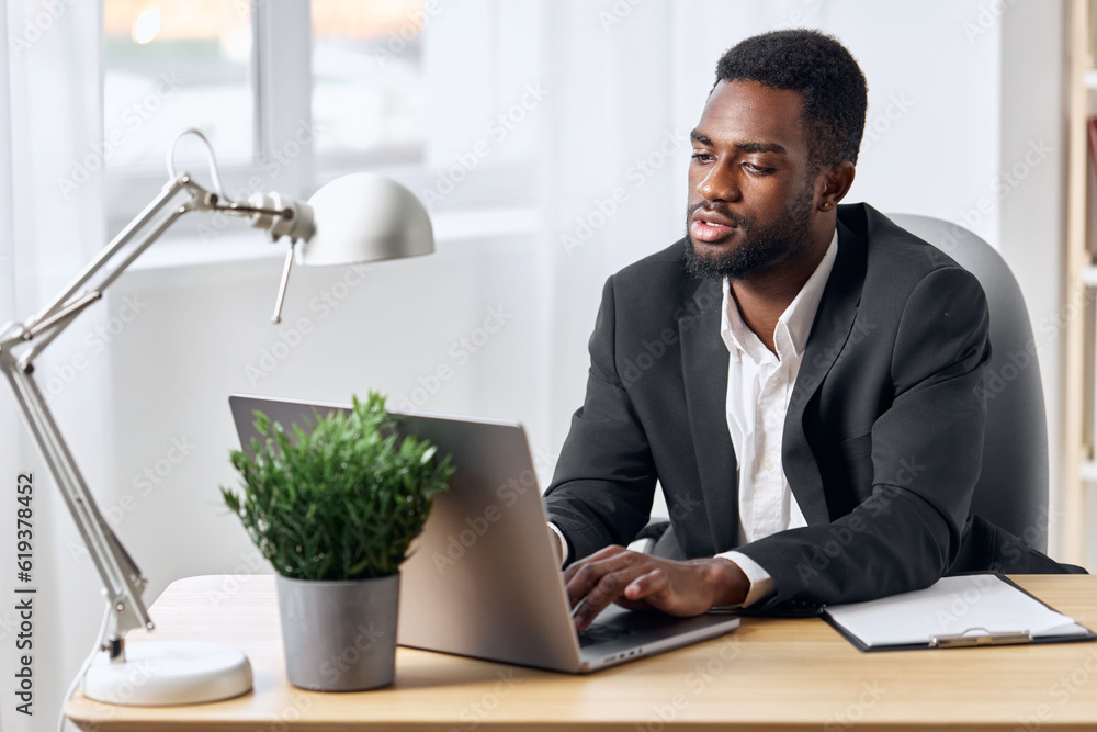 american man job looking laptop online african office student education computer freelancer