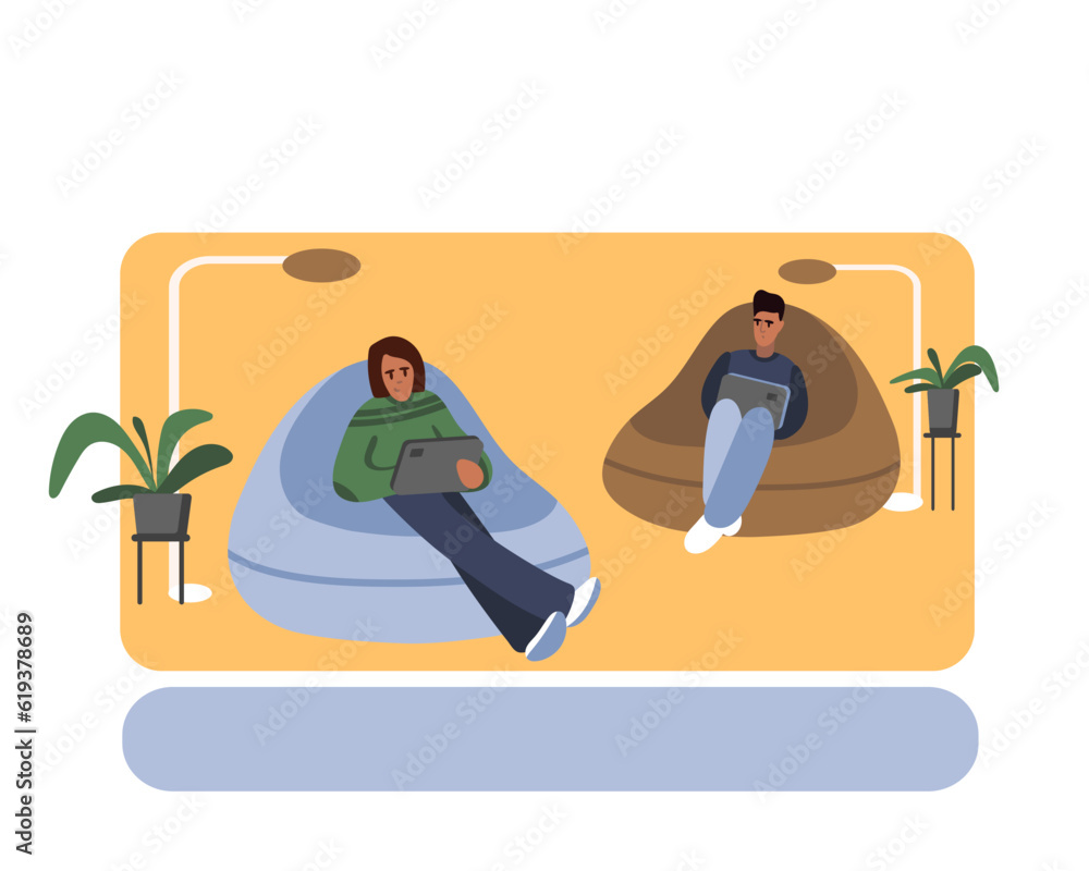 Obraz premium Friends working on laptop in modern open space. Concept of teamwork communication and digital technologies. Idea of coworking. Vector flat illustration in blue and yellow colors