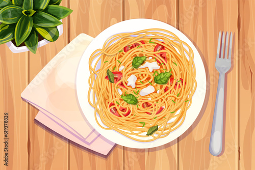 Spaghetti Pasta in plate with tomatos, basil, mozzarella in cartoon style top view detailed and textured on wooden background. food, italian cuisine