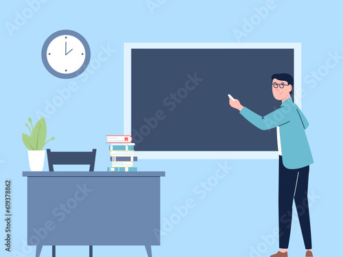Fototapeta Teacher at blackboard, man teaching math in school or college