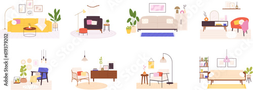 Scandinavian living room interiors with furniture, chairs and tables. Minimalist design, home interior decor. Style apartment racy vector scenes