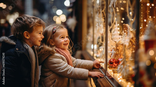 Canvas Print small children stand on the street near a shop window decorated with New Year's