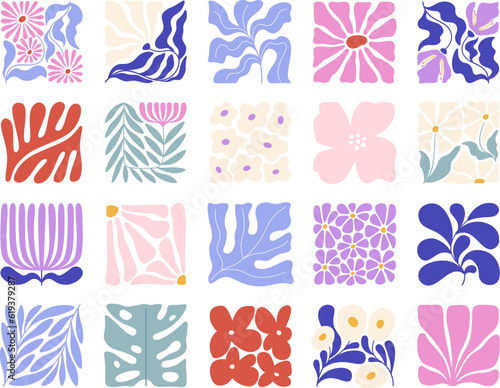 Decorative doodle floral modern elements. Flower contemporary tiles, matisse inspired design. Abstract plants and flowers racy vector graphic set