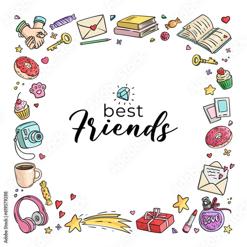 Funny square frame Friends and Friendship. Girls Design Elements. Vector Illustration