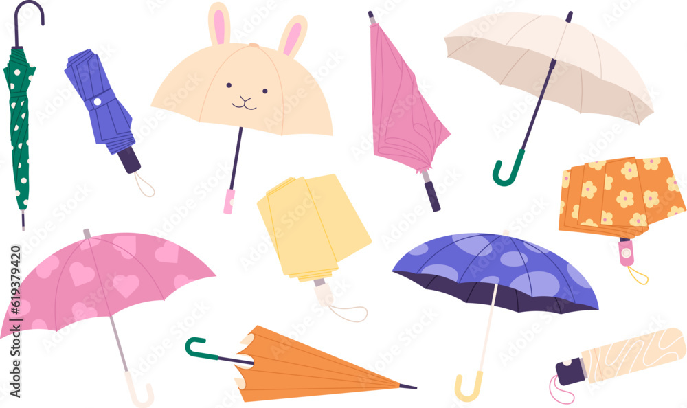 Colorful umbrella collection, shelter rainy seasons. Modern and vintage umbrellas, closed and open fashion accessories. Safe from rain, racy vector clipart - obrazy, fototapety, plakaty 