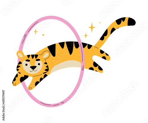 Circus Tiger Animal Jumping Through Hula Hoop Vector Illustration