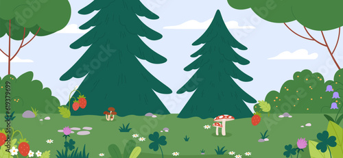 Cartoon forest landscape. Berries  mushrooms and stones on meadow  summer nature background. Woodland seasonal scene  vector graphic