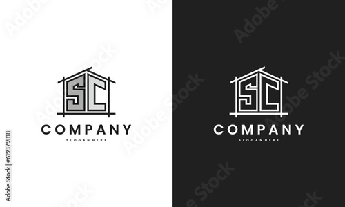 Initial SC home logo with creative house element in line art style vector design template