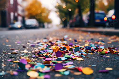 Close-up view of colorful confetti on the street. No people. Selective focus. Generative AI