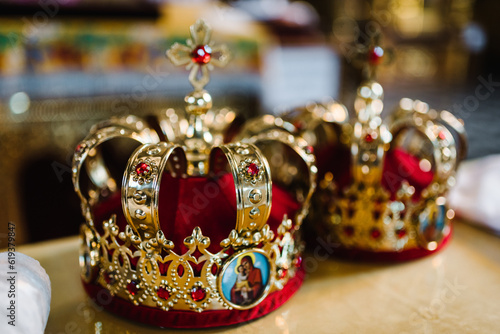 Wedding crowns for a marriage ceremony. Closeup. © Serhii