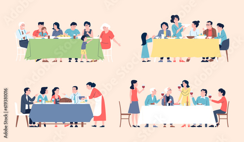 Festive family dinner. Parents and grandparents, children sitting at table with different meals. People eating lunch, christmas evening recent vector scenes