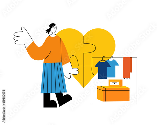 Cartoon character standing near box with aid and volunteering. Time for collecting clothing for needy people. Help from humanitarian aid organization. Vector flat illustration in orange colors