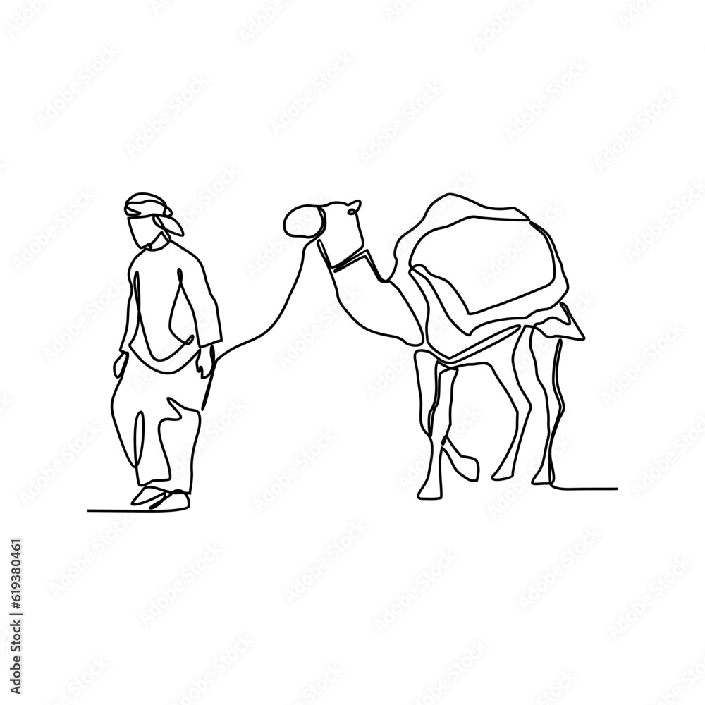 One continuous line drawing of people are riding camels in the desert