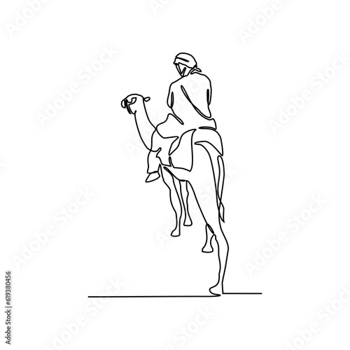 One continuous line drawing of people are riding camels in the desert as symbol for Hijrah. Islamic new year holiday concept in simple linear style. Islamic new year design concept vector illustration