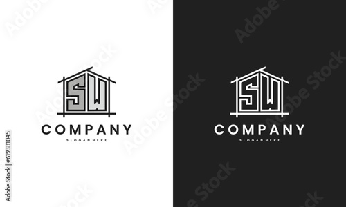 Initial SW home logo with creative house element in line art style vector design template