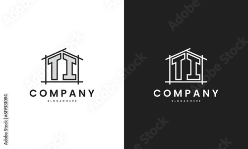 Initial TI home logo with creative house element in line art style vector design template