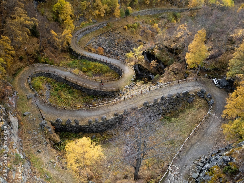 Aerial view of people walking down a curvy path in a forest in autumn