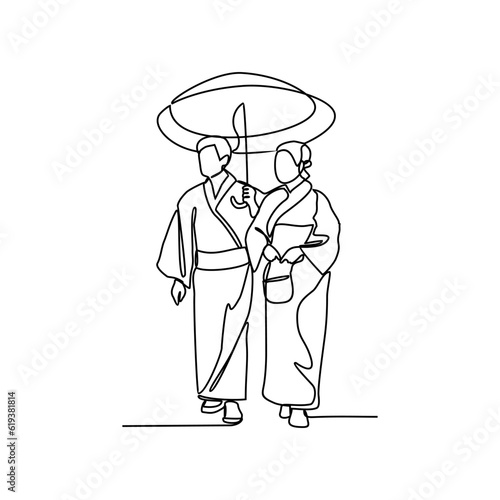 One continuous line drawing of people using the traditional clothes. Asian traditional clothes concept in simple linear style. Fashion and beauty concept vector illustration