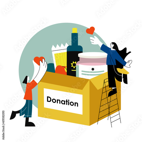 Ladies standing near big box and donating food for people. Help from humanitarian aid organization. Collecting groceries. Concept of donation and charity. Vector illustration in yellow colors