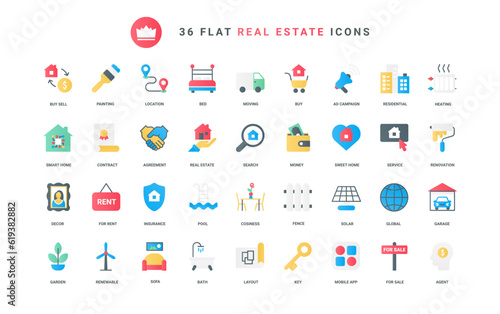 Houses purchase, mortgage agreement and insurance shield, advertising and search of family villa and home apartments for rent and sales. Real estate trendy flat icons set vector illustration