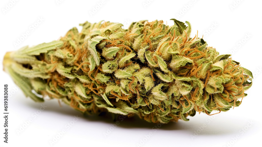 Medical marijuana flower bud. Close up cannabis flower on white backdrop. Generative AI Medical marijuana flower bud. Close up cannabis flower on white backdrop. Generative AI