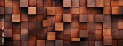 Abstract block stack wooden 3d cubes on the wall for background banner panorama - Brown wood texture for backdrop or wallpaper (Generative Ai)