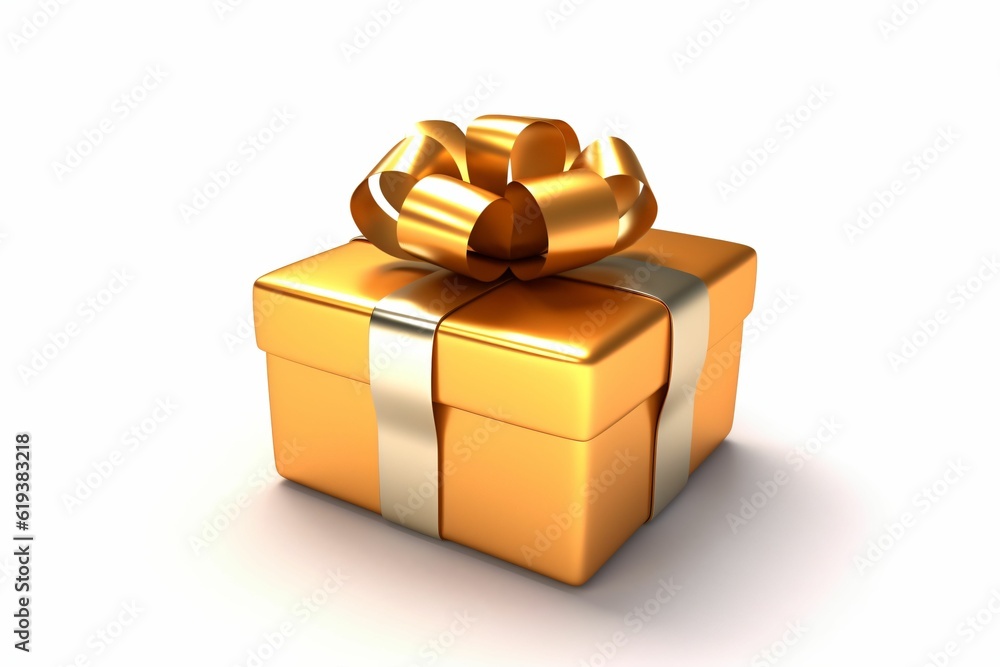 cadeau doré avec joli nœud sur fond blanc, illustration anniversaire, ia générative cadeau doré avec joli nœud sur fond blanc, illustration anniversaire, ia générative