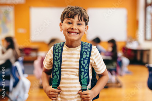 Lifestyle of learning: Elementary school child excited for first day of class