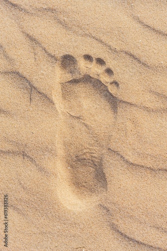 Beautiful beach in Valdelagrana, Cadiz, Spain with orange-hued sand and footprints in the sand photo