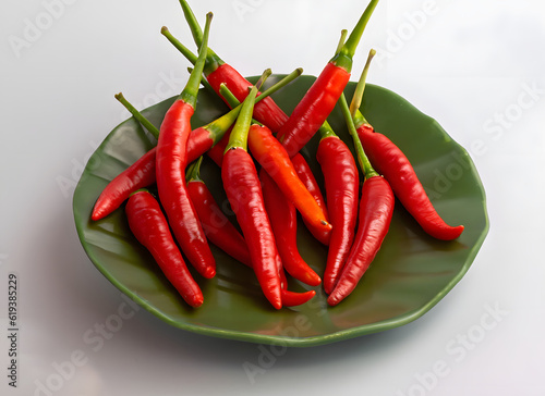 Rote Chilischoten auf grünem Blattteller – Scharfe Würze