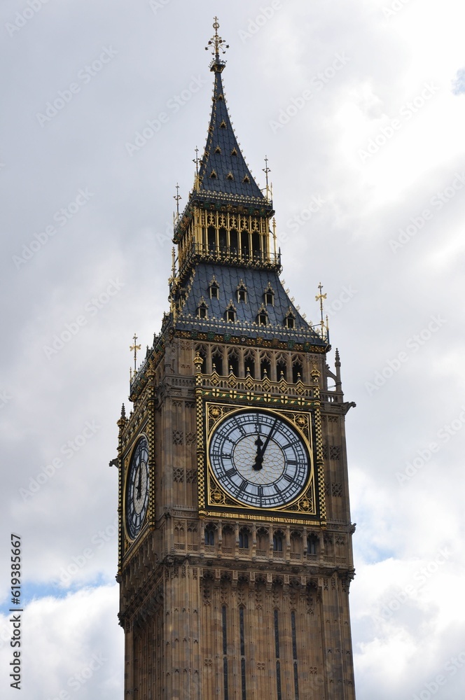 Historic Big Ben clock tower in London, England against a cloudy sky