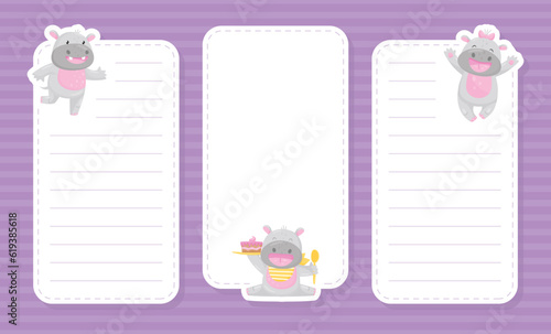 Card with Cute Hippo Character in Different Pose Vector Template