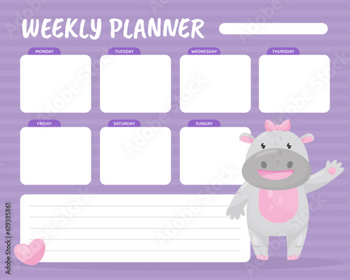 Weekly Planner with Cute Hippo Character Greeting and Smiling Vector Template