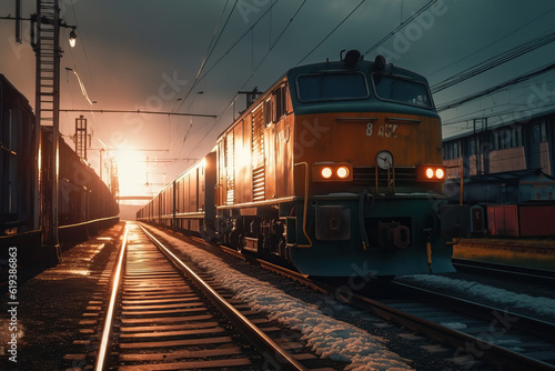 Freight train, transportation of railway cars by cargo containers shipping. Railway logistics concept