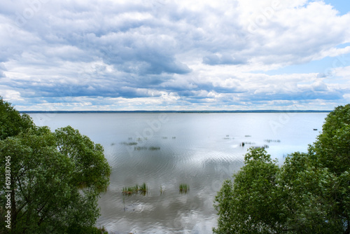 View of Lake Nero in the city of Rostov in Russia. Water horizon and cloudy sky