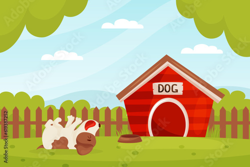 Jack Russell Terrier Puppy Character Lying on Green Grass Vector Illustration