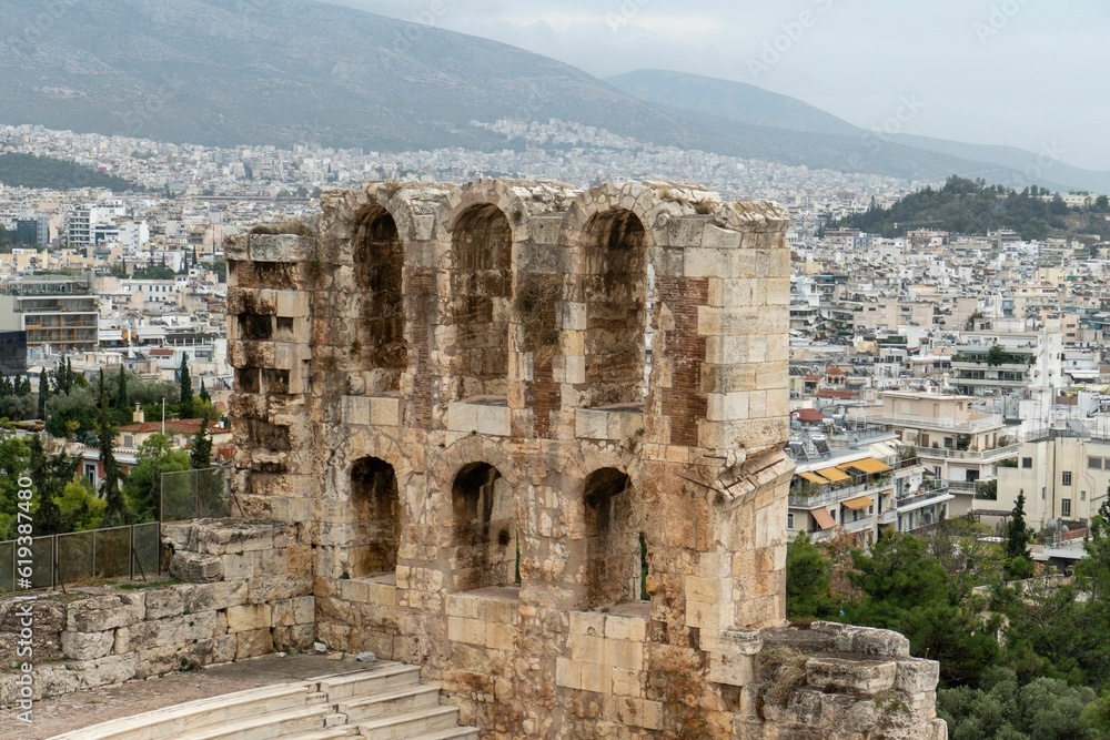 Aerial view of the historic Odeon of Herodes Atticus ruins, overlooking Athens, Greece