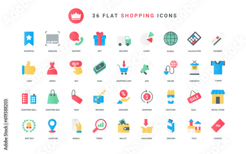 Bag and cart for shopping on sales, review and advertising technology, discounts and coupon to buy, money payment. Online business, retail store trendy flat icons set vector illustration