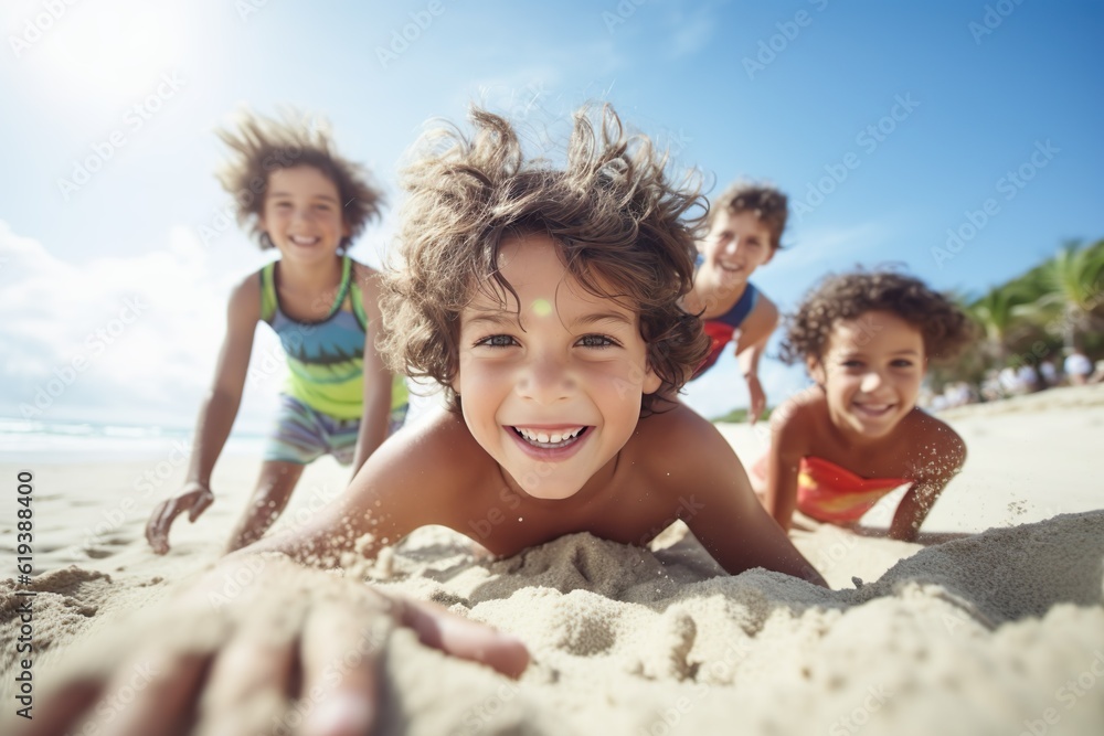 Summer Beach Fun: Happy Kids Playing and Enjoying the Sun, Sand, and Sea, Generative AI Summer Beach Fun: Happy Kids Playing and Enjoying the Sun, Sand, and Sea, Generative AI