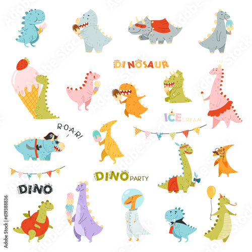 Dino Party with Happy Dinosaurs with Ice Cream and Wearing Costumes Big Vector Set