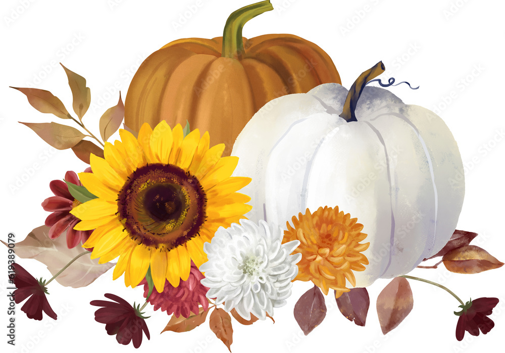 Watercolor floral pumpkin illustration, fall bouquets . Pastel pumpkins and flower arrangements in rustic style.  - obrazy, fototapety, plakaty 