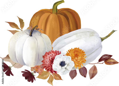 Watercolor floral pumpkin illustration, fall bouquets . Pastel pumpkins and flower arrangements in rustic style.  photo