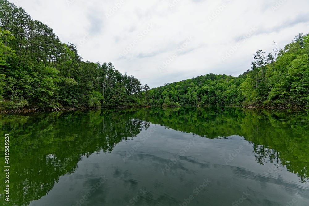 Scenic view of Carters Lake with lush greenery surrounding the shoreline Scenic view of Carters Lake with lush greenery surrounding the shoreline