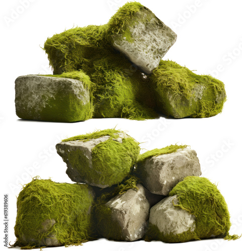 mossy rocks, collection of overgrown stones isolated, png file, generative ai