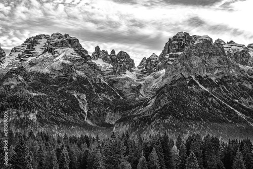 View of the Brenta Dolomites in black and white