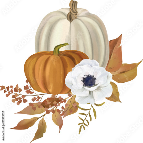 Watercolor floral pumpkin illustration, fall bouquets . Pastel pumpkins and flower arrangements in rustic style.